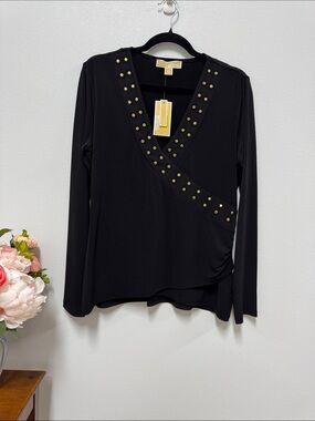 MICHAEL Michael Kors Black Long-Sleeve Stud Trim Wrap Top